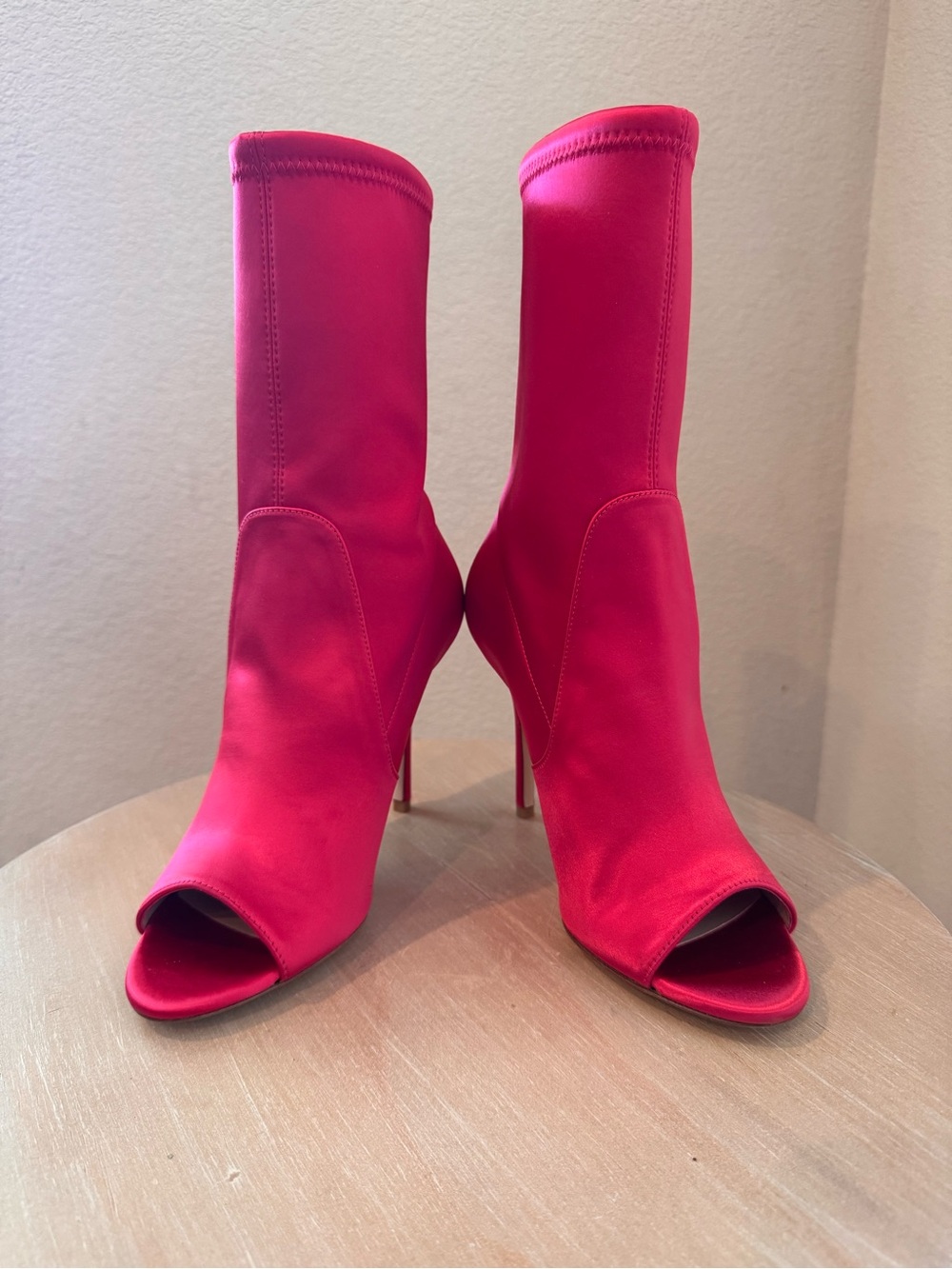 Stuart Weitzman Roselina 100 Fuchsia Peep-Toe Sock Boot - Size 9.5 - NIB - $550